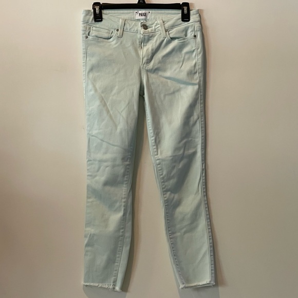 Paige Verdugo Crop Skinny Straight Leg Mid-rise Mint Green or Blue Jeans; 27 - Picture 3 of 9